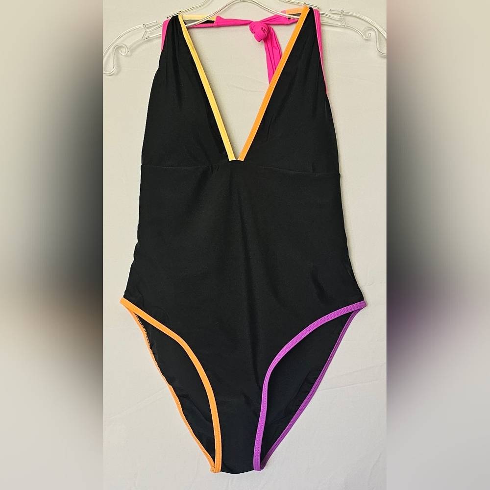 Ladies Colorful Trim Black One-Piece Swimsuit Size L